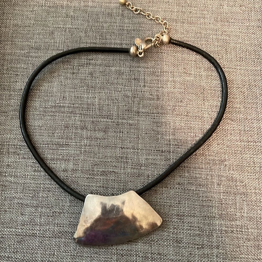 Chico’s Hammered Pendant Necklace Black Cord Silver Gold Brutalist Modern